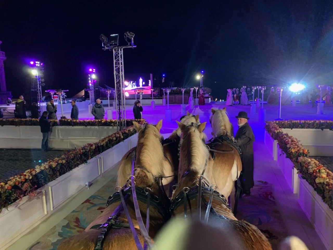 Attelage à quatre chevaux à l'entrée d'une réception parisienne illuminée en soirée