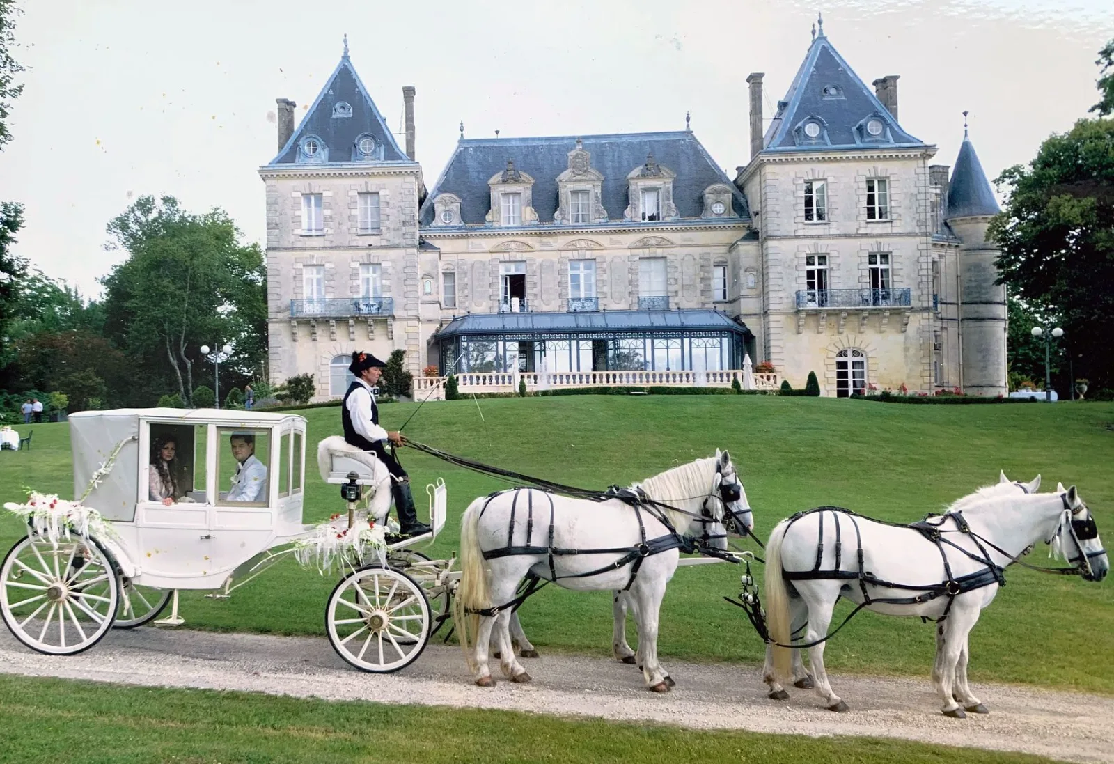 Calèche fermée et quatre chevaux blancs dans un parc de château