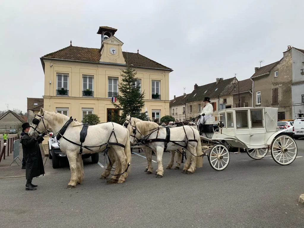 Calèche et quatre chevaux blancs devant une mairie