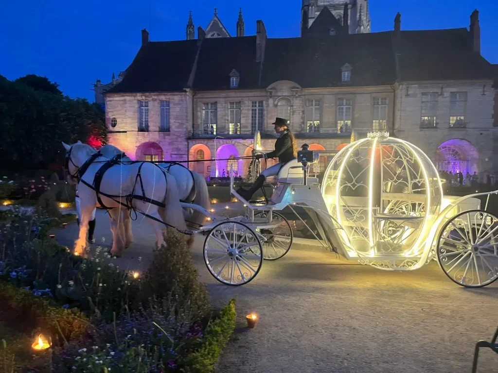 Carrosse citrouille de Cendrillon attelé de deux chevaux boulonnais blancs